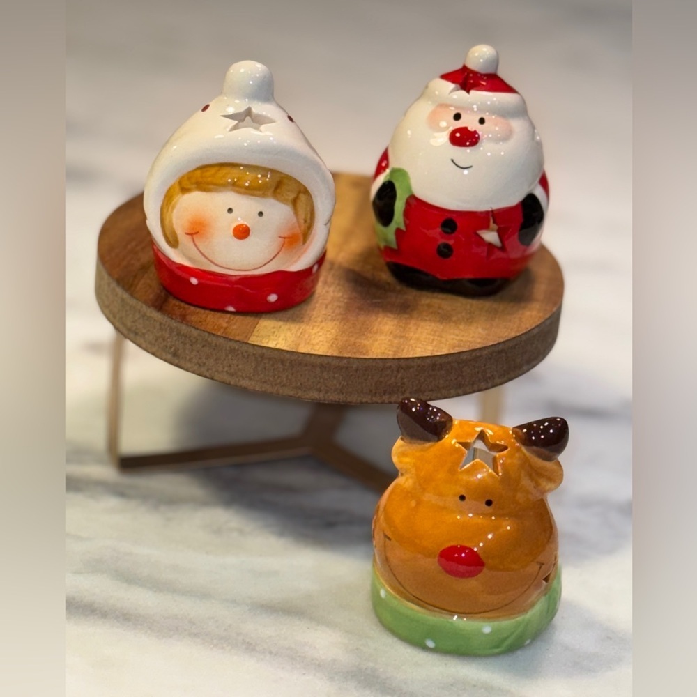 Set of 3 Holiday Christmas Tea Light Candle Holders Santa Rudolph and Girl